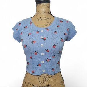 Blue Floral Faux Button Knit Top Small